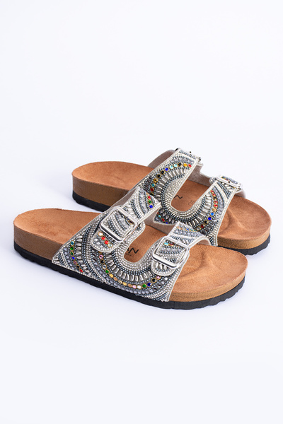 Polomia Comfort Sahra Women's Anatomical Eva Sole Comfort Stone Diamond Embroidered Double Banded Buckle Daily Sandal Slippers