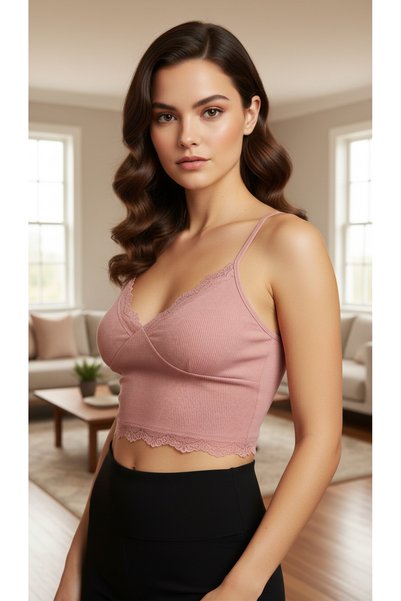ACTRİS Crop Strap Lace Bustier Blouse with Removable Pads Dusty Rose-Pink
