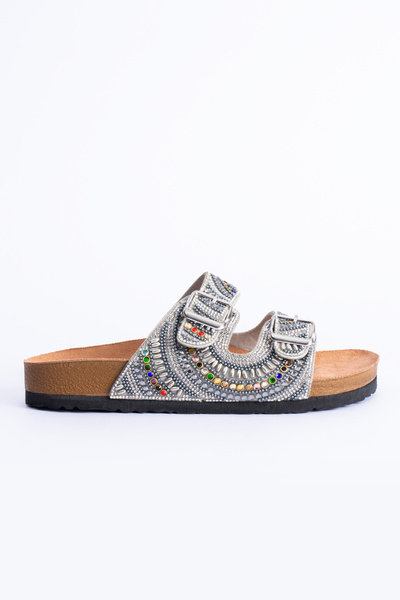 Polomia Comfort Sahra Women's Anatomical Eva Sole Comfort Stone Diamond Embroidered Double Banded Buckle Daily Sandal Slippers