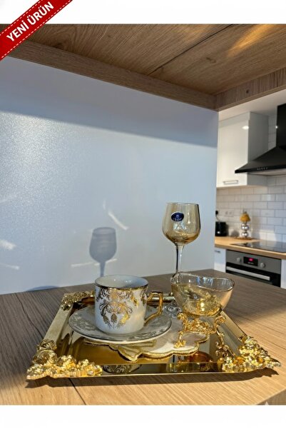zaTen Pazar 6'LI GÜLLÜ GOLD KAHVE SUNUM TEPSİSİ