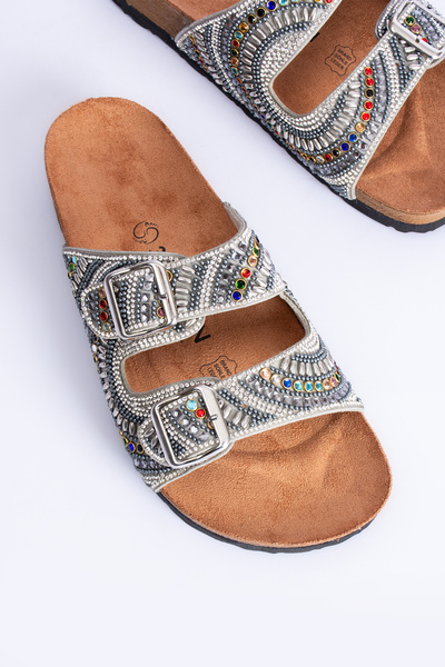 Polomia Comfort Sahra Women's Anatomical Eva Sole Comfort Stone Diamond Embroidered Double Banded Buckle Daily Sandal Slippers