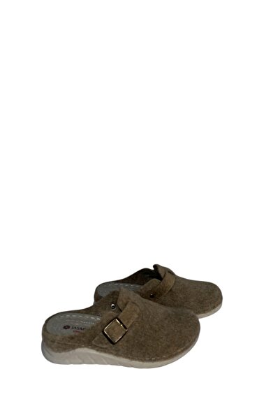 Jasmine Χειμερινές παντόφλες εσωτερικού χώρου unusex με ανοιχτό καφέ ύφασμα από τσόχα, πλαϊνή πόρπη, άνετες, ορθοπεδικές, ραμμένες