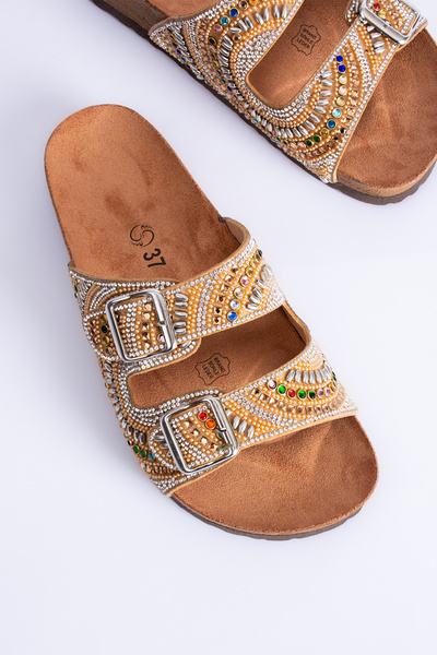 Polomia Comfort Sahra Women's Anatomical Eva Sole Comfort Stone Diamond Embroidered Double Banded Buckle Daily Sandal Slippers