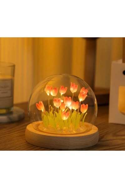 Panelya Pembe Çiçek Cam Fanus Masa ve Gece Lambası Ortam Aydınlatma Pembe Lale Fanus
