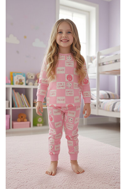 Arya Nisa Kids Girls' Rabbit Printed 100% Cotton Fleece-Lined Pink Pajama Set