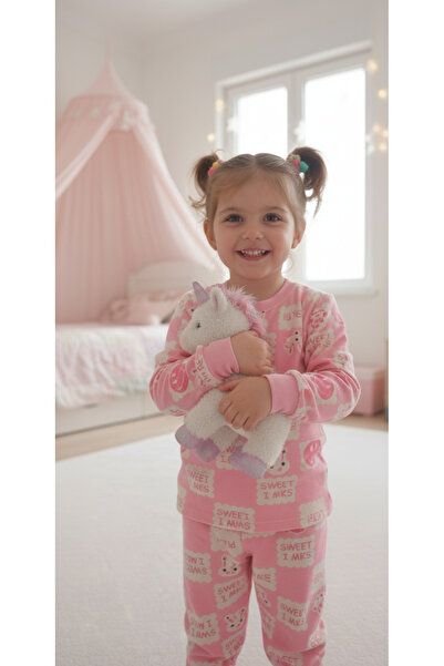 Arya Nisa Kids Girls' Rabbit Printed 100% Cotton Fleece-Lined Pink Pajama Set