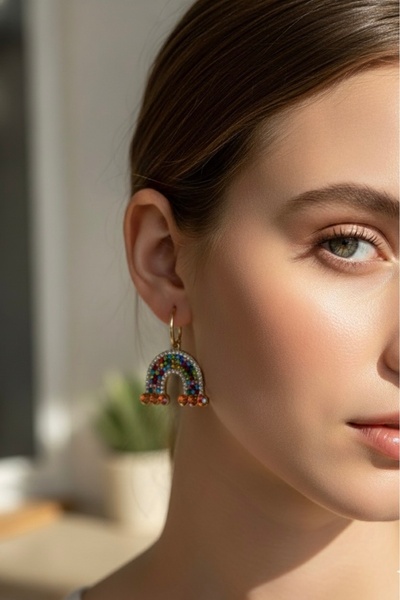 Rainbow Shine Renkli Taşlı Gökkuşağı Sallantılı Kadın Küpe