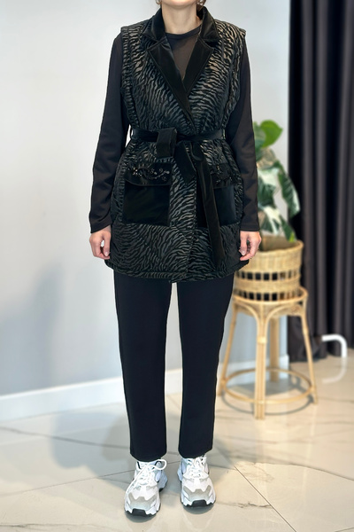 Lale Butik Zebra Inflatable Vest Stone Detailed 3-Piece Set 25139 Black