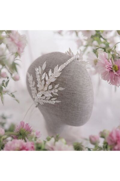 Mirnova Kristal Taşlı Helen Yaprak Model Beyaz Gelin Tacı - Saç Aksesuarı