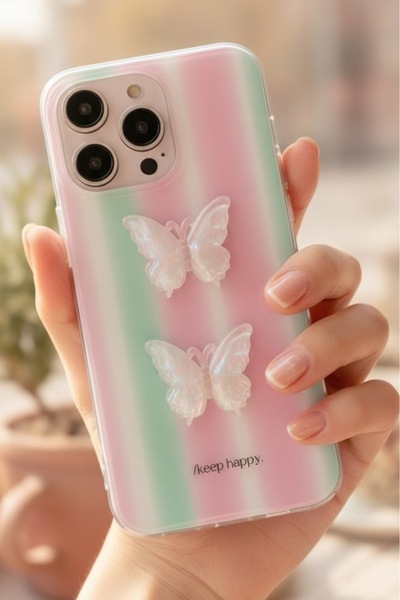 EDELFU İphone 15 Pro Max Uyumlu Pembe Sevimli Epoksi Kelebek Süslü Kılıf