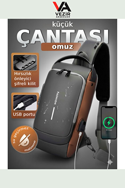 FASHION USB Şarj Portlu Şifreli Kilitli Su Geçirmez Omuz & Göğüs Çantası | Unisex Şık Tasarım TRY990288