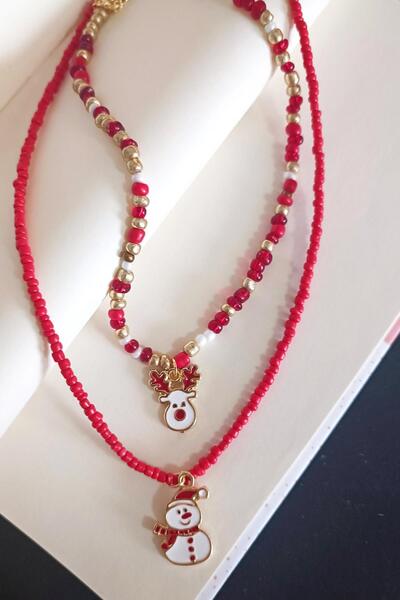 New Obsessions New Year's Beaded Necklace Set with Deer and Snowman Figures 2 Pack