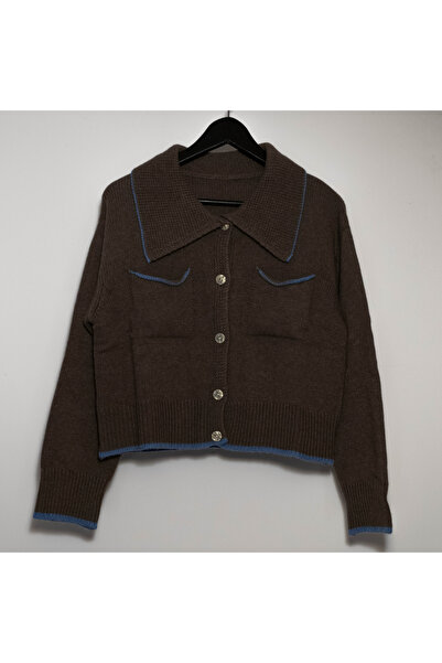 FASHION Cropped Wool, Viscose & Cashmere Blend Polo Cardigan with Front Pocke...