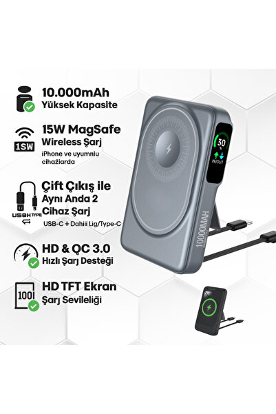 Brawi 10000mAh Kablosuz MagSafe Powerbank 15W Hızlı Şarj Dahili Lightning & T...