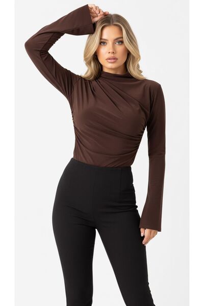 peri tower New Season Καφέ Αμμώδης Μπλούζα με Κορδόνι Ισπανικό μανίκι