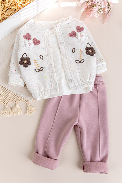 Babymod Baby Girl Cardigan Three Thread Raised Flower Embroidered 100% Cotton 3-Piece Set