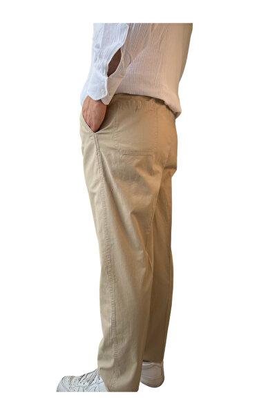 Beratnur Men's Beige Relaxed Cut Elastic Waist Linen Hajj and Umrah Shalwar Trousers