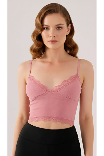 ACTRİS Crop Askılı Dantelli Çıkarılabilir Pedli Büstiyer Bluz Gül Kurusu-Pembe
