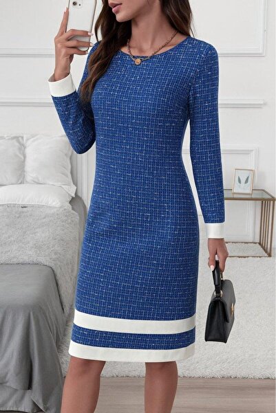 Genel Markalar Kadın Uzun Kollu Yuvarlak Yaka Etek Ucu şerit Detaylı Mini Dok...