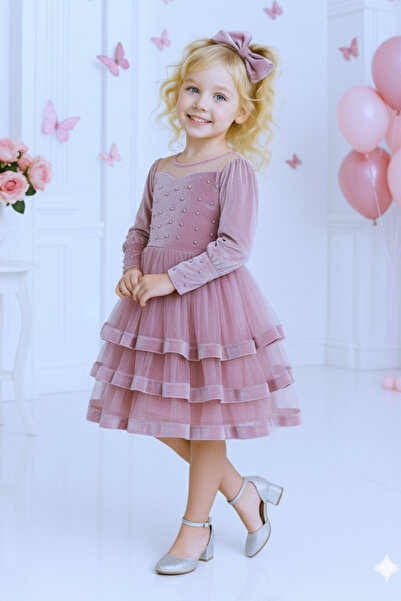 TREEMASS Kız çocuk kadife ve tülden elbise zarif tasarımıyla özel günler için...