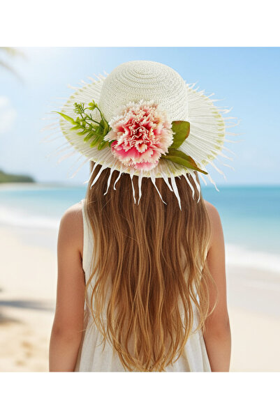 By Piera قبعة من القش للفتيات منقوشة بالزهور - 8992