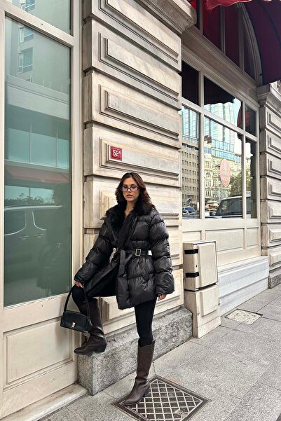 My Loore Kürk Detaylı Kemerli Şişme Mont MLB099 – Siyah