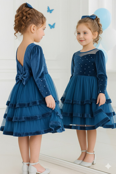 TREEMASS Kız çocuk kadife ve tülden elbise zarif tasarımıyla özel günler için ideal.