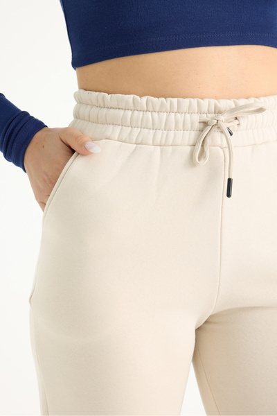 veres Γυναικείο μπεζ χοντρό χειμωνιάτικο φούτερ με ραφές στο κάτω μέρος με φλις εσωτερικά