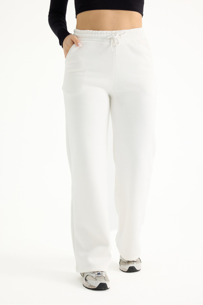 veres Γυναικείο εκρού λευκό χειμερινό φλις παντελόνι με ραμμένο πόδι με φαρδύ πόδι