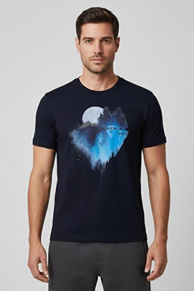 Sabri Özel Lacivert Slim Fit %100 Pamuklu Baskılı Bisiklet Yaka Tişört