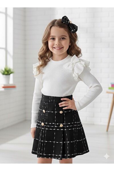 TREND NATURAL Girl and Baby Black Tweed Skirt White Bodysuit and Buckle 3 Years-8 Years