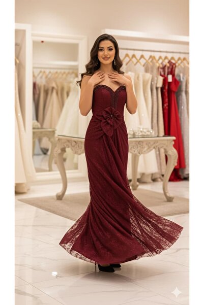 dantil Burgundy lace flower evening dress