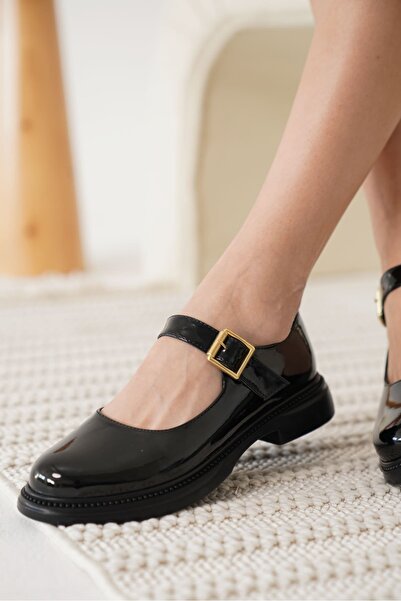 Zerenyus Clarissa Premium Black Patent Leather Buckle Detailed Mary Jane Loafer