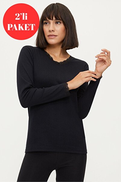 Bross 1033 100% βαμβακερό μακρυμάνικο μπλουζάκι 2 τεμαχίων σε μαύρο χρώμα