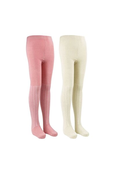 Bross Set of 2 Patterned Cotton Children's Pantyhose - Pink Ecru