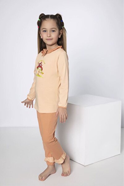 Bross Girl's Mushroom Printed Beige Pajama Set