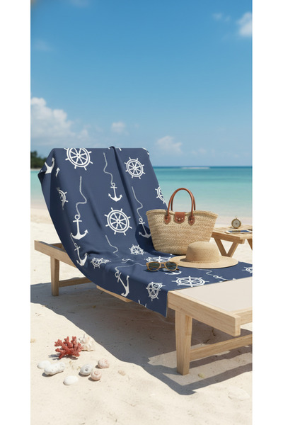 BETHA Dark Blue Anchor Patterned Cotton Beach Towel – Patterned Design – 75X150 cm