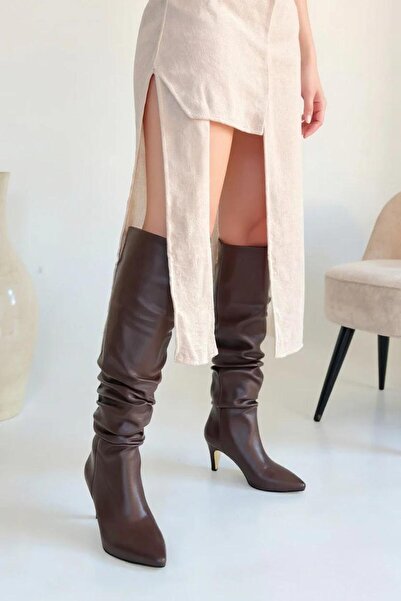 M&B COLLECT Dlouhé dámské kožené boty – dámské hnědé kozačky se stahovací šňůrkou pod kolena – stylové zimní boty na tenkém podpatku