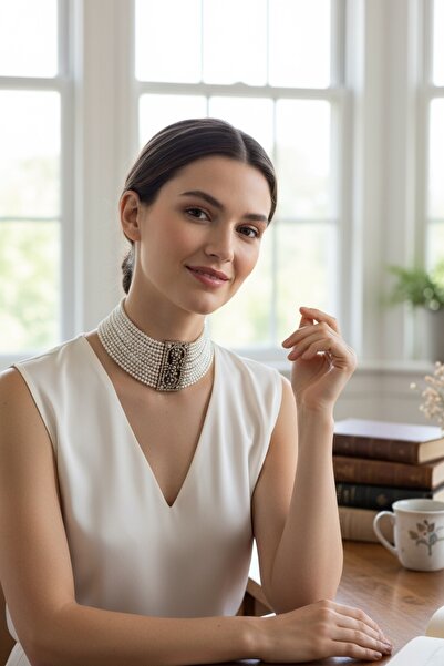 FAYRA ACCESSORIES Zirkon Taşlı Hasır Dizim Tasma İnci Kolye