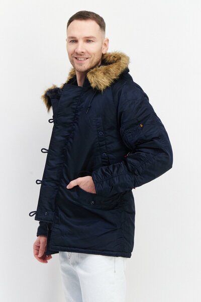 Alpha Industries Men Faux Fur Plain Hooded Parka Jacket, Navy Blue