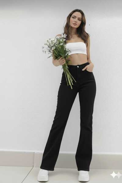 DRC trend A.c.a.i.p Pantaloni palazzo din denim negru din lycra cu talie supe...