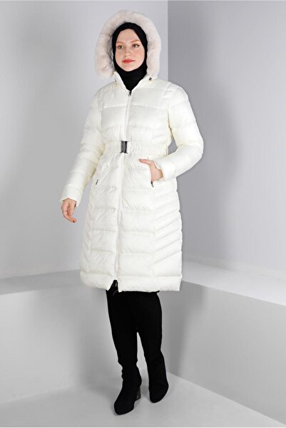 Alvina INFLATABLE COAT WITH HOODED FUR AND BELT 90327