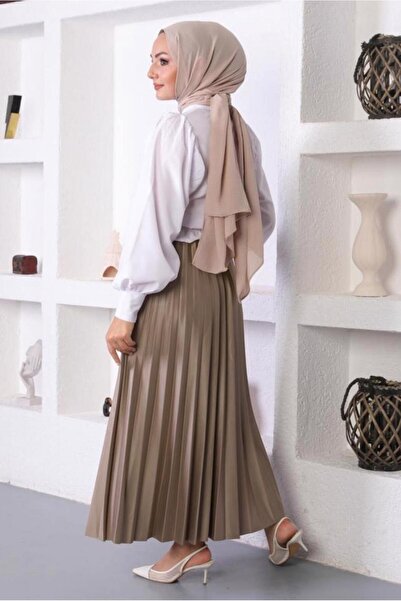 TRENDTESETTÜR WOMEN'S MINK PLEATED ELASTIC WAIST SKIRT T 8354