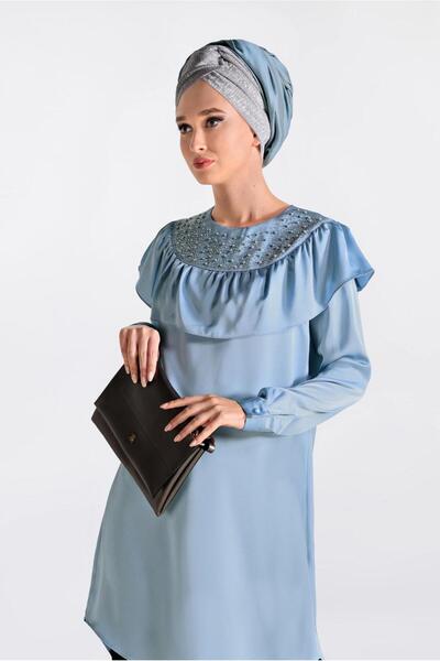 TRENDTESETTÜR WOMEN'S BLUE BEAD DETAILED FLUFFY TUNIC 4201