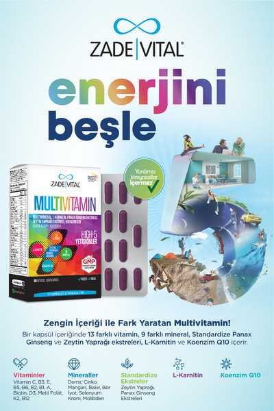 Zade Vital Multivitamin Multimineral (1 Kutu 30 Kapsül) Koenzim Q10, L-karnitin, Panax Ginseng Içerir