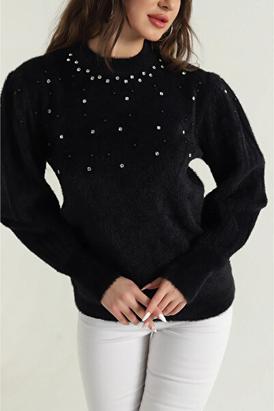 Piedra Women's Crew Neck Black Rhinestone Soft Texture Bearded Sweater