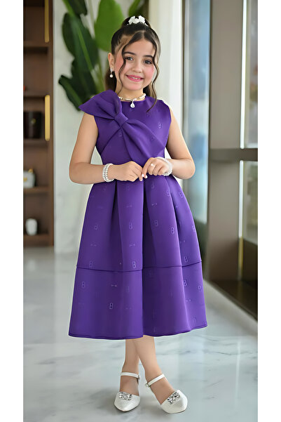 Alesaei-mondo tondo فستان بناتي بنفسجي فيونكة بالصدر 7127