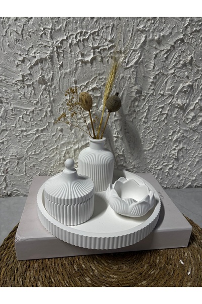 Zigzag Home Set decorativ de 4 bucăți de suport pentru lumânări, tavă cu dungi, suport pentru lumânări Lotus, set de cutie cu capac pentru vază Pampas