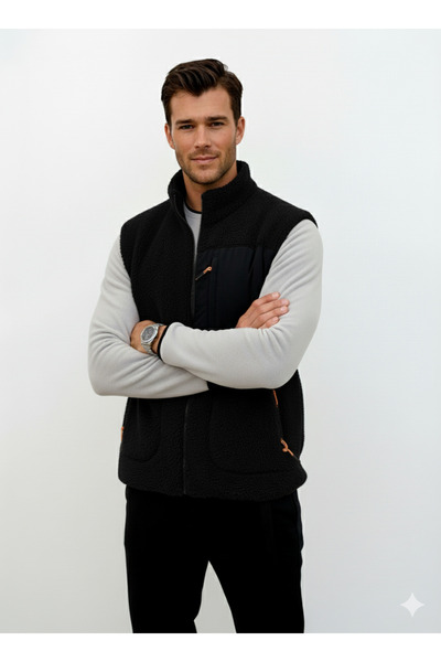 OXVİN Furry Plush Vest Woolen Lamb Welsoft Bone Zipper Pocket Detail (Full Size)