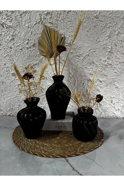Zigzag Home Decorative Bohemian Style 3 Piece Twist Art Vase Set Flower Vase Figurine Set Black Color